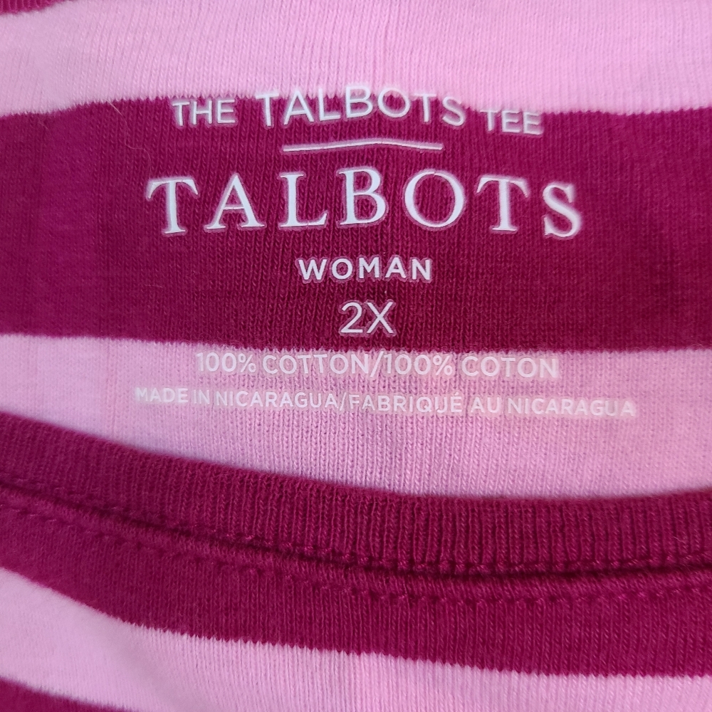 Talbots Size 2X Casual Pink Stripe Nautical Boatneck Cotton Blouse Coastal Chic - Picture 7 of 10